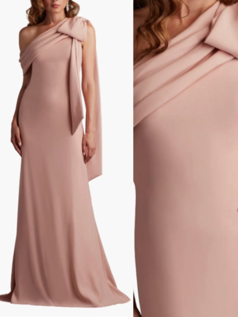 NWT Tadashi shoji CASSIA BOW-SHOULDER CREPE GOWN DRESS ALG18371L Pale pink